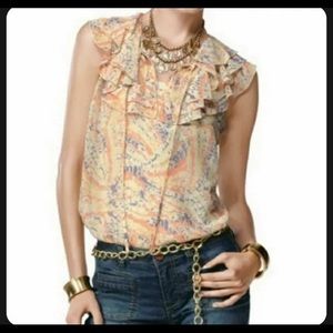 CAbi sleeveless ruffles large yellow gray blouse